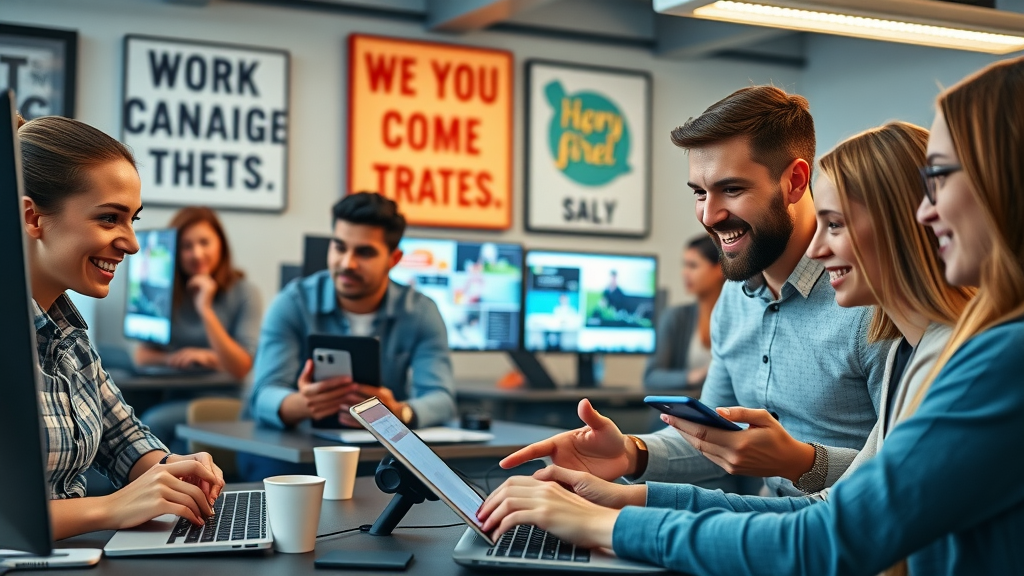 Energetic marketing team managing social media and content, analyzing trends for Columbia SC digital marketing campaigns