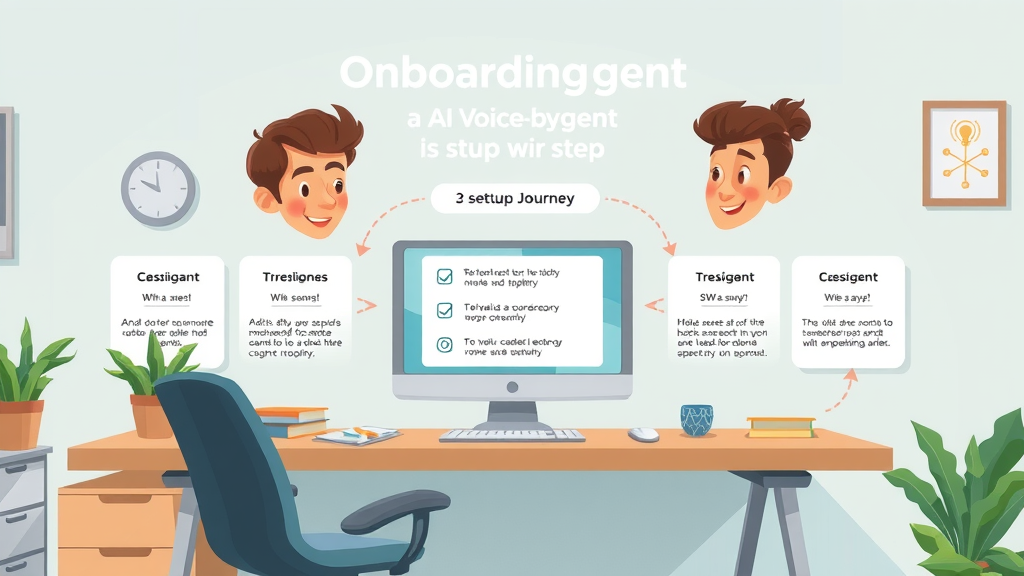 step by step onboarding process for ai voice agent, integrating tech into business, cartoon illustration