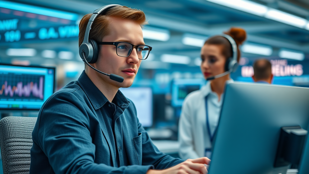 call center with ai voice agent working in real time, handling customer queries efficiently, digital dashboards showing live data, voice ai agent on the floor