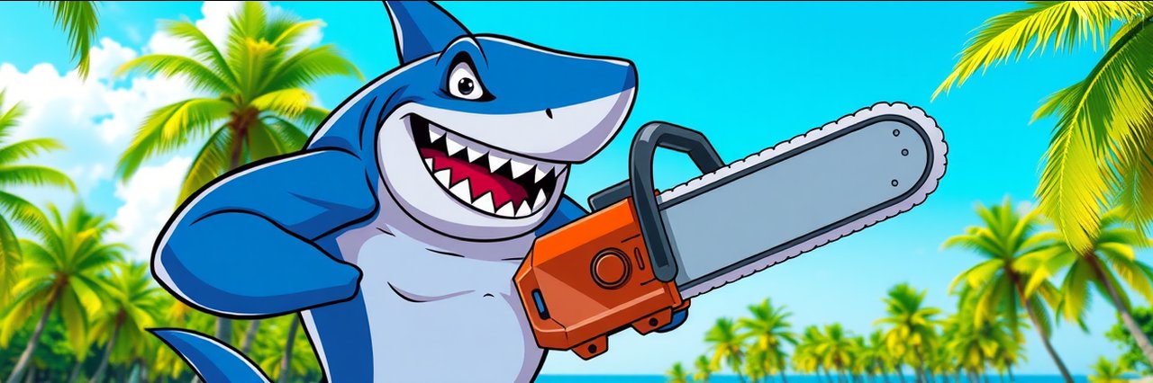 Cartoon shark holding chainsaw for tree service Melbourne FL logo