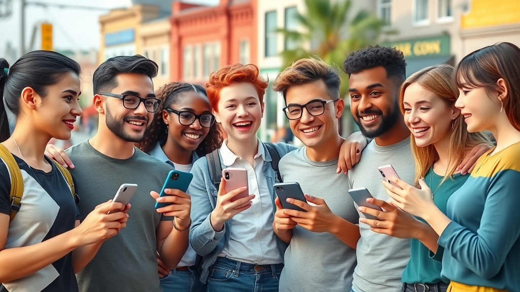 engaged group of young adults with smartphones creating and sharing content for local Columbia SC business, social media, digital marketing trends 2025