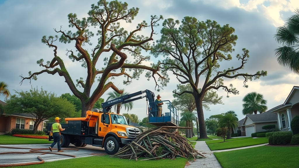 Grapple truck and crew removing storm debris for tree service Melbourne FL