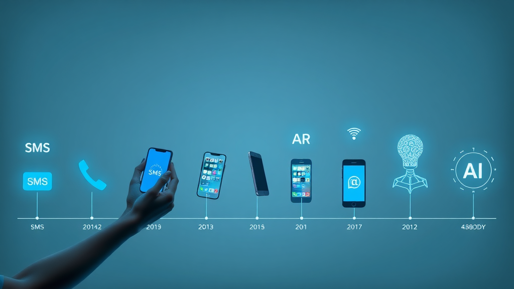 Timeline visualizing the evolution of mobile marketing trends from SMS to AI-driven and AR-powered strategies.