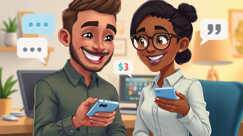 satisfied diverse customer interacting with ai voice agent on smartphone, natural language processing enabling quality customer support, vibrant cartoon style