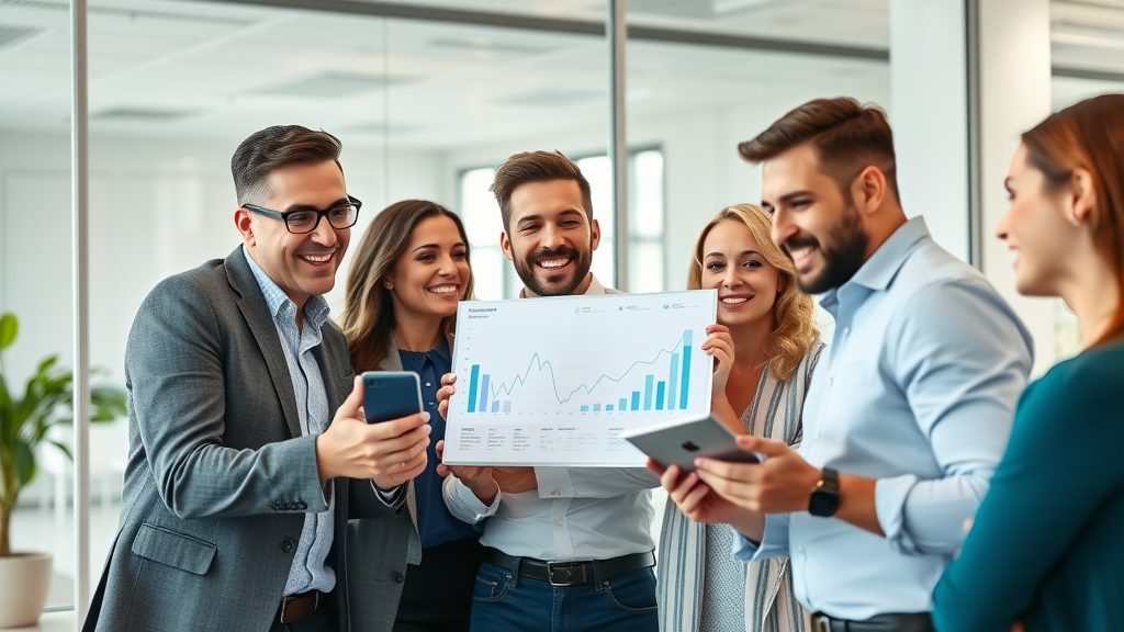 Confident business team analyzing mobile analytics and celebrating digital marketing success in a bright modern meeting room.
