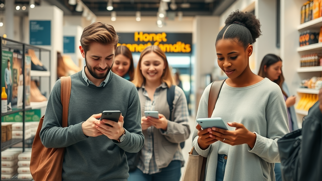 diverse shoppers transitioning smoothly between physical store and online browsing, seamless customer experience, digital marketing trends 2025, Columbia SC