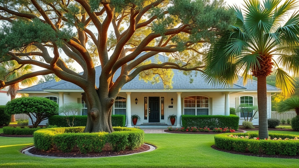 Beautifully pruned trees after expert tree service in Melbourne FL residential yard