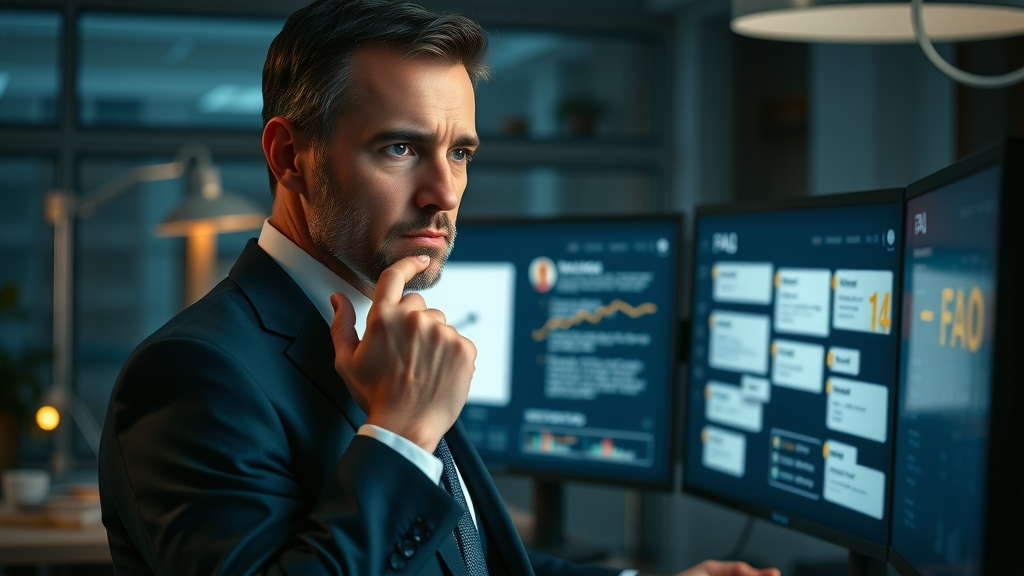 marketing campaign benchmarks: Businessman examining a digital dashboard of marketing FAQs in a cinematic office
