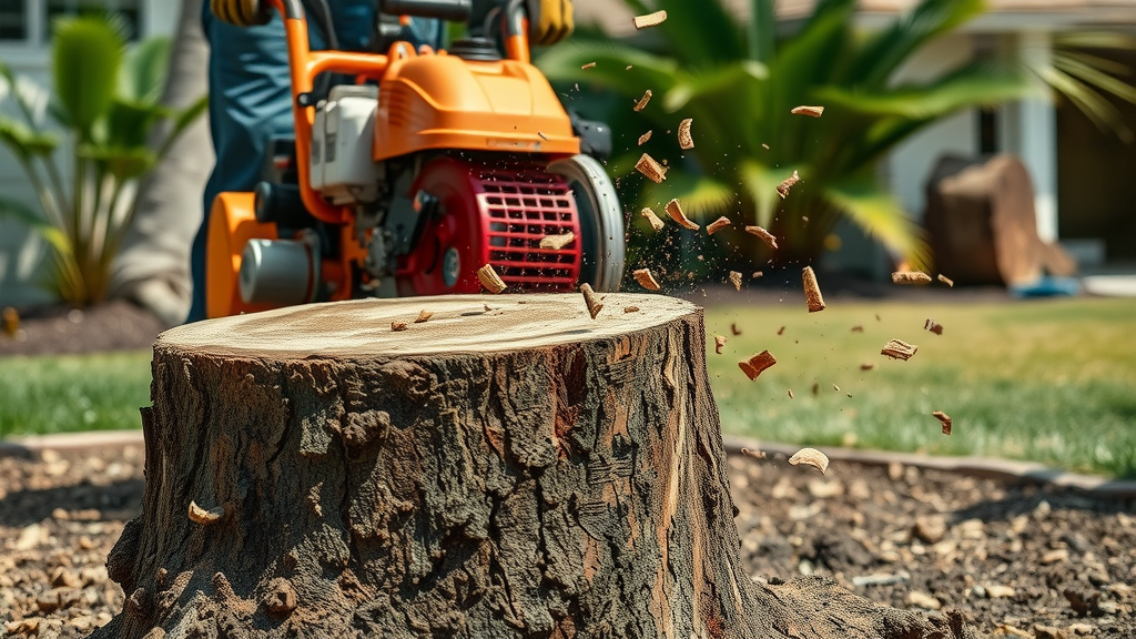 Tree stump grinding service in Melbourne FL yard with detailed arborist action