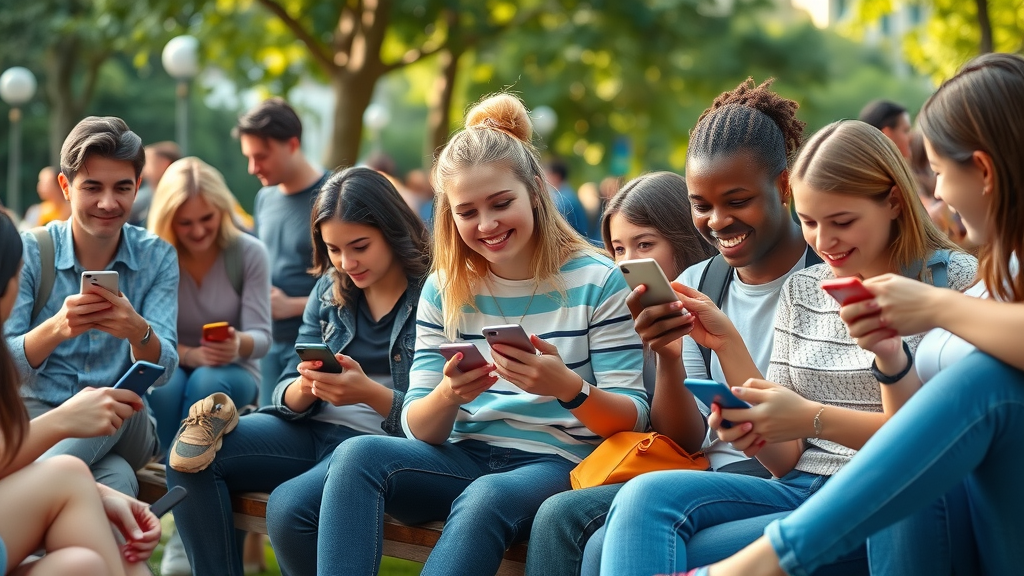 Diverse group of smartphone users engaged with their devices, illustrating how demographics influence mobile marketing trends.