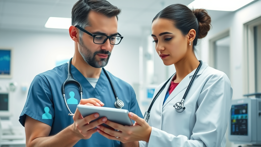 healthcare professional consulting ai voice agent on tablet providing real time patient support, digital health interface, hospital tech