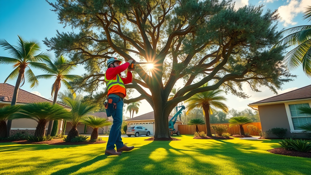 Expert arborist providing tree service in Melbourne FL with lush oaks and palms