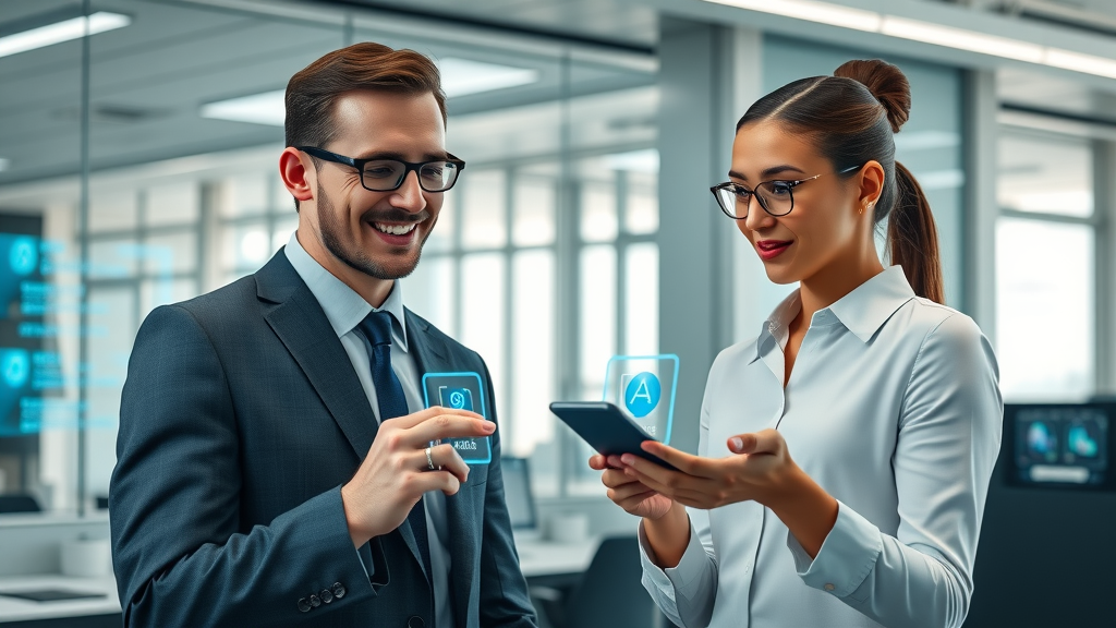 ai voice agent in a modern business setting facilitating seamless communication with professionals, call center using voice AI, digital holograms and AR tech