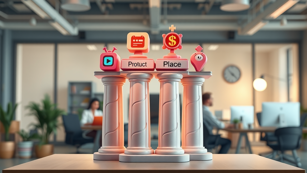 Product, Price, Place, Promotion: 4 P's of marketing campaign in a modern workspace concept