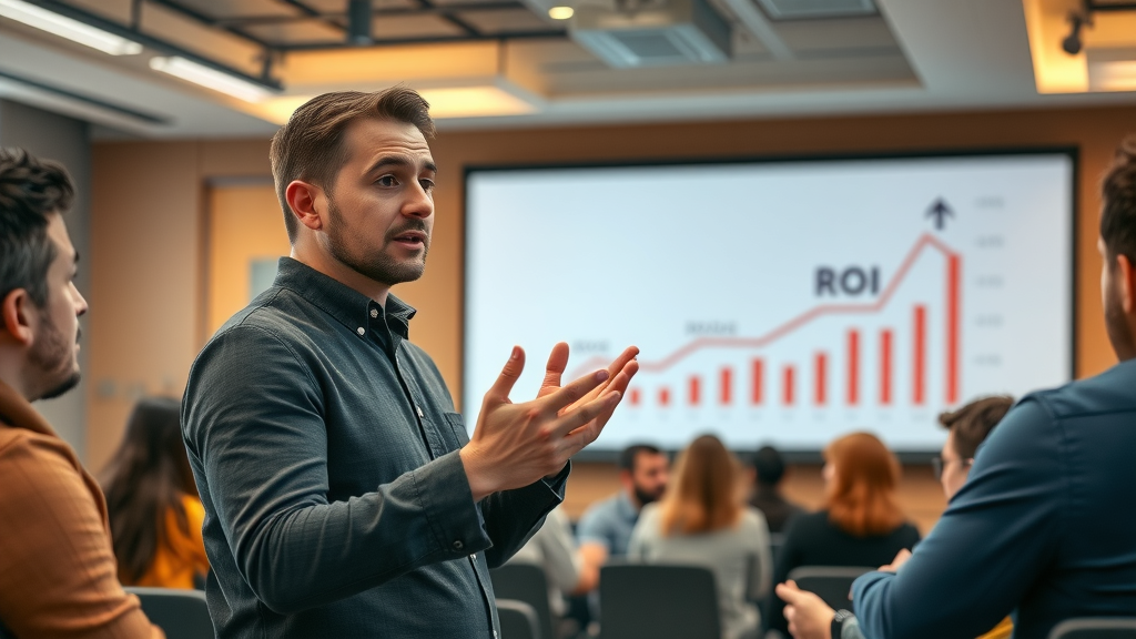 professional digital marketer explaining ROI concepts at seminar for better digital advertising ROI understanding