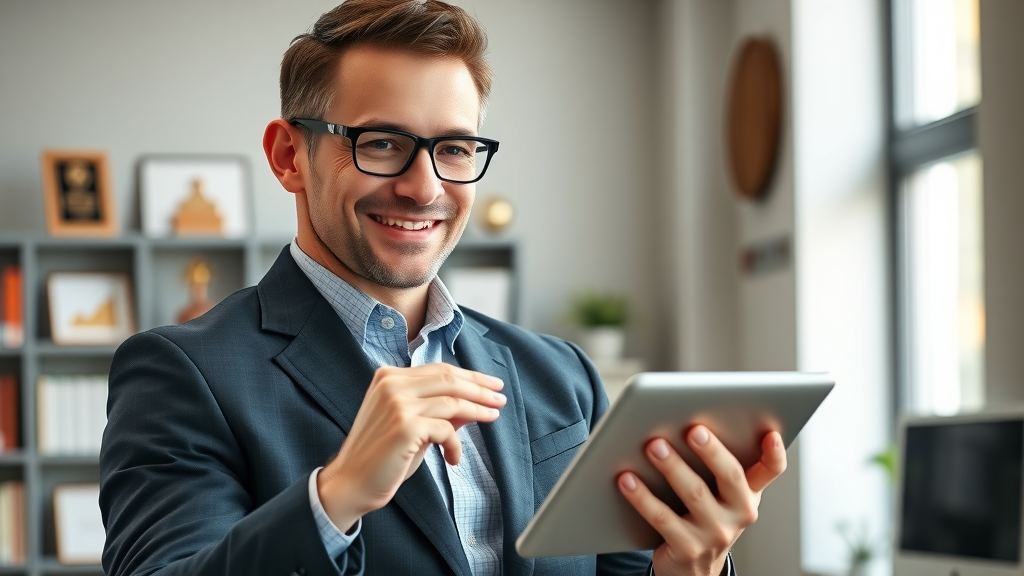 Confident Keir Anderson digital marketing expert presenting strategies in a modern office