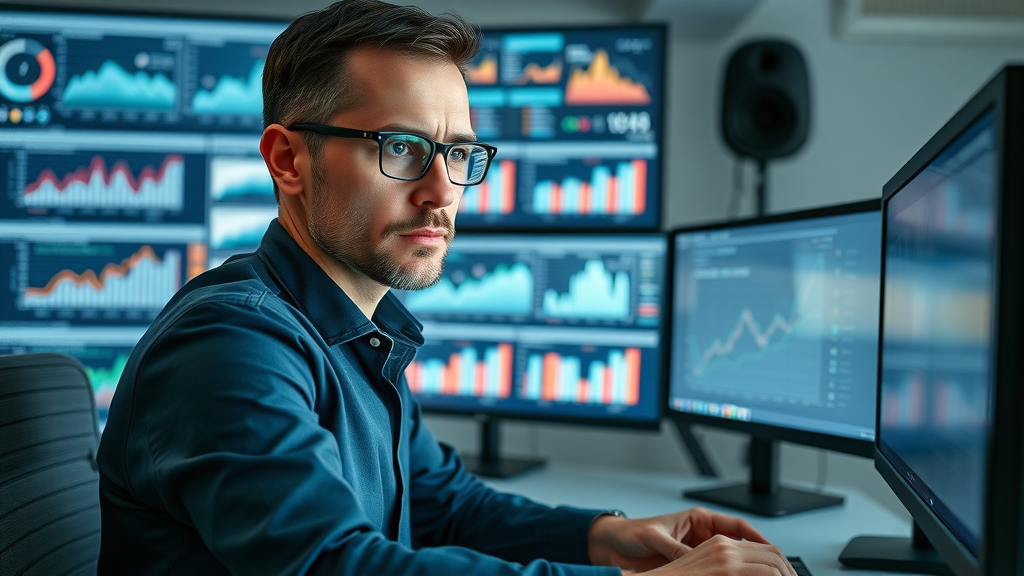 focused marketer using multi-screen setup for ad targeting and real-time digital advertising ROI tracking