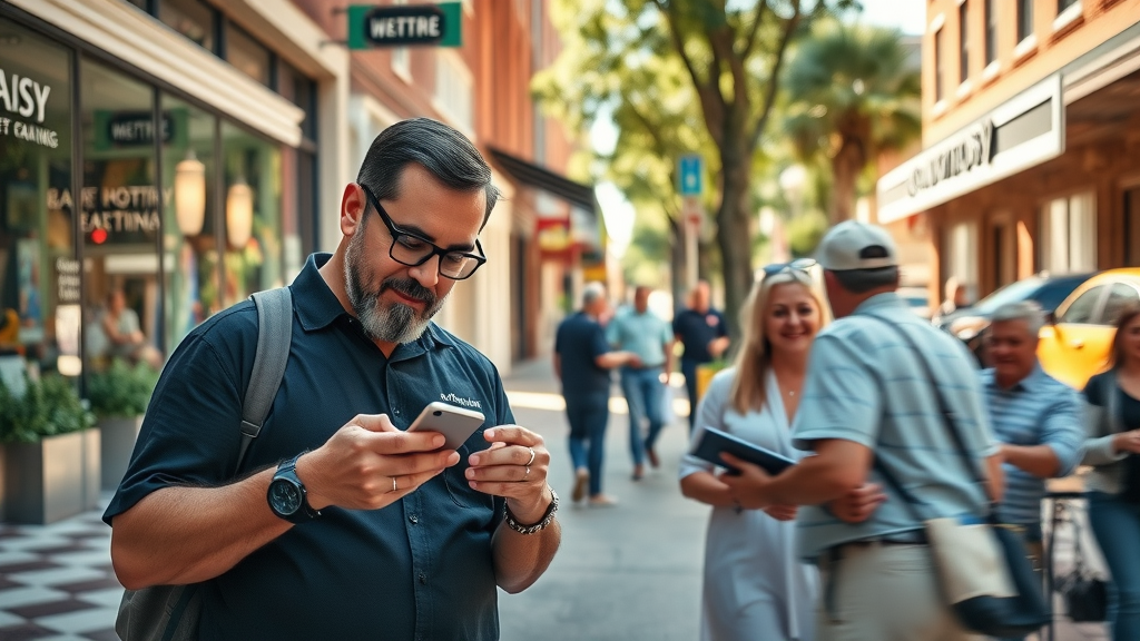 vibrant downtown Columbia South Carolina street scene with business owners on their smartphones engaging with social media, urban storefronts and cafe patios in sunlight, social media marketing Columbia