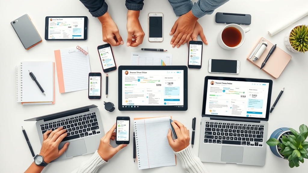 flat-lay of digital marketing tools for social media marketing Columbia including phones, tablets, laptops with social media analytics