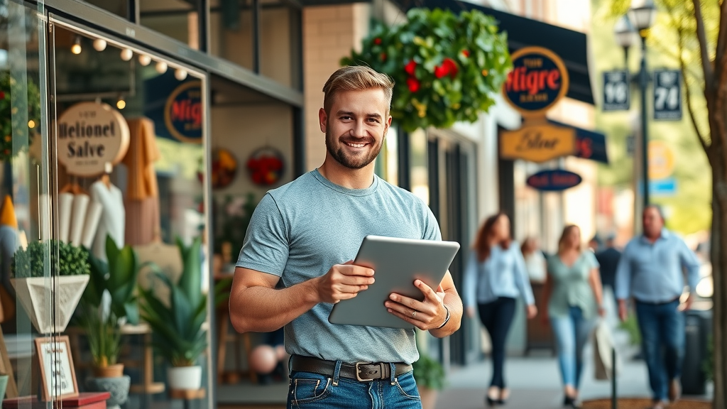 Small business storefront in Columbia SC with owner confident about local SEO strategies using a digital tablet