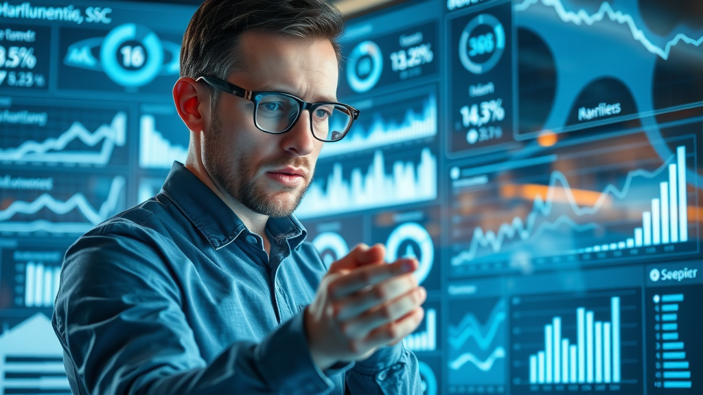 Columbia SC online marketing tips - Marketing analyst reviewing data dashboards for South Carolina businesses, futuristic digital marketing metrics