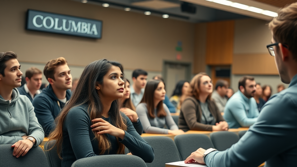 Columbia College students learning marketing analytics in modern classroom, engaged with expert instructor and interactive presentations, Columbia banners visible