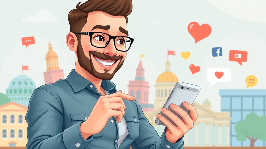 Social media marketing in Columbia SC - Business owner engaging with customers online using smartphone, cartoon with Columbia SC landmarks