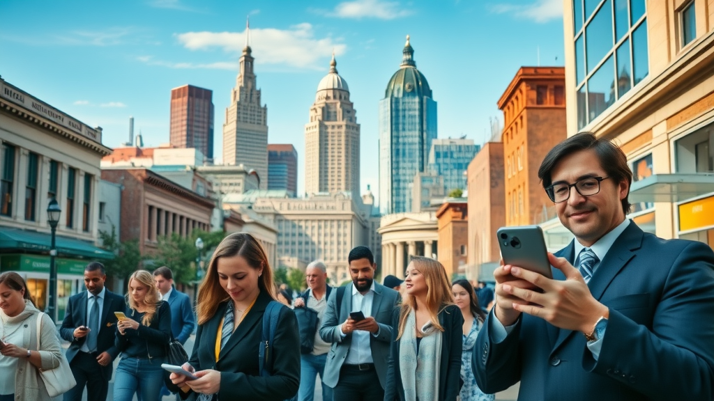 A group of professionally dressed people stands on a bustling city street, all focused on their smartphones, with tall buildings and a bright sky in the background. A group of professionally dressed people stands on a bustling city street, all focused on their smartphones, with tall buildings and a bright sky in the background.