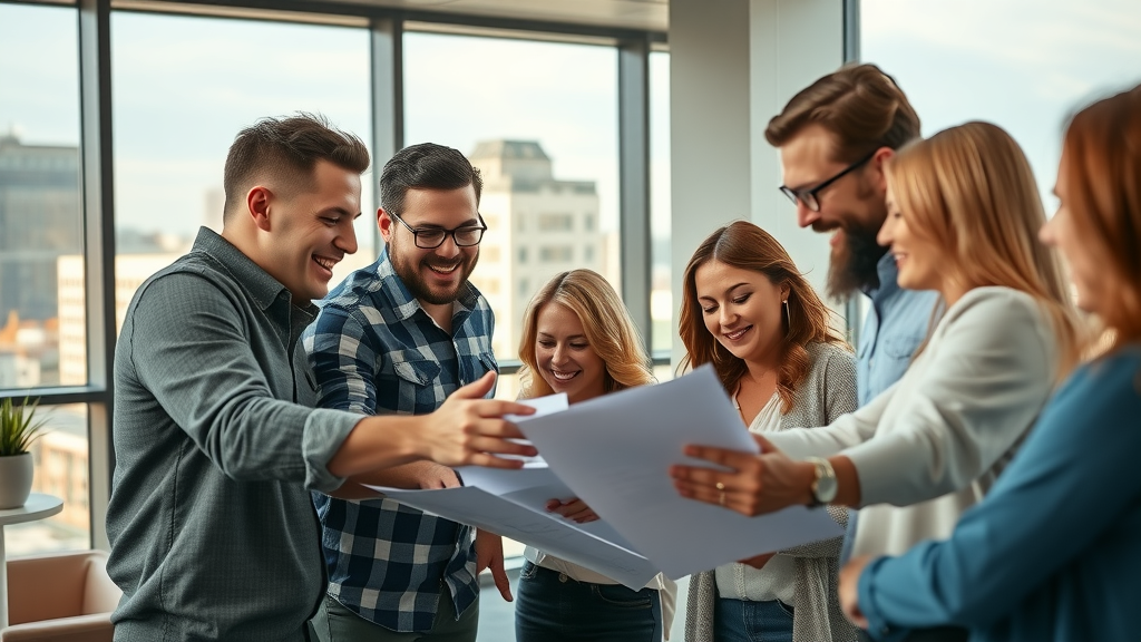 A group of six young adults stand together in a bright office, smiling and looking at documents they are holding, suggesting a collaborative and positive work atmosphere. Large windows show a cityscape outside. A group of six young adults stand together in a bright office, smiling and looking at documents they are holding, suggesting a collaborative and positive work atmosphere. Large windows show a cityscape outside.
