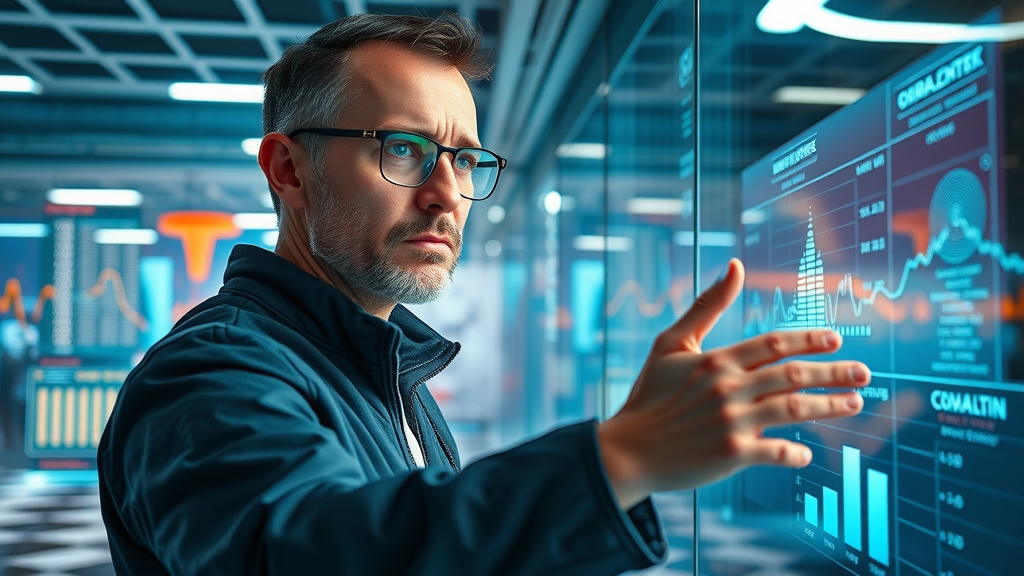 Futuristic AI-driven marketing analytics concept, digital marketing expert observing analytics data in futuristic Columbia SC lab, holographic projections, vibrant colors