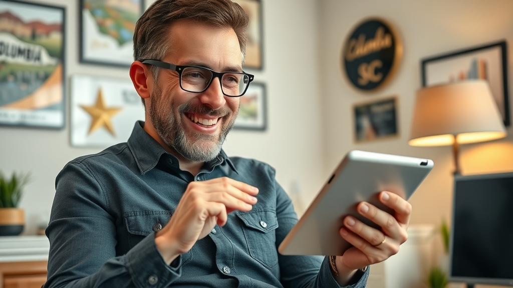 Local Columbia SC business owner reviewing mobile marketing analytics on a tablet