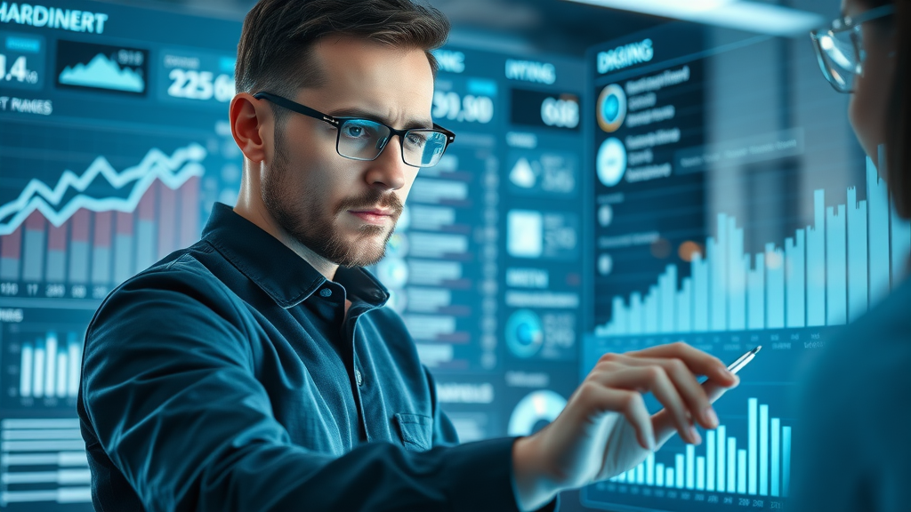 High tech AI dashboard for content marketing with digital marketer analyzing data and interacting with AI assistant