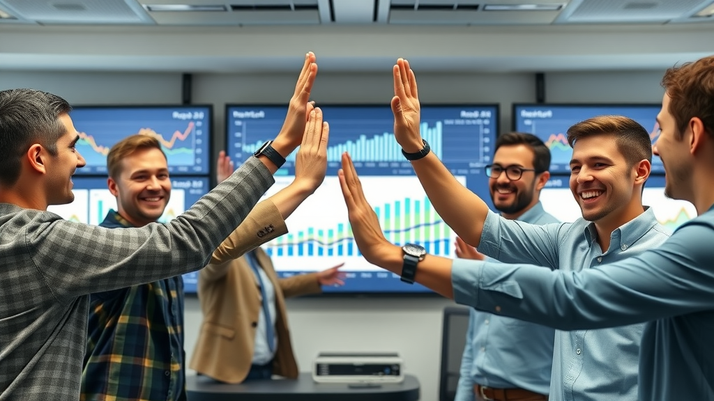 Celebratory Columbia SC SEO team achieving growth milestones and high-fiving in front of digital dashboards showing improved search rankings