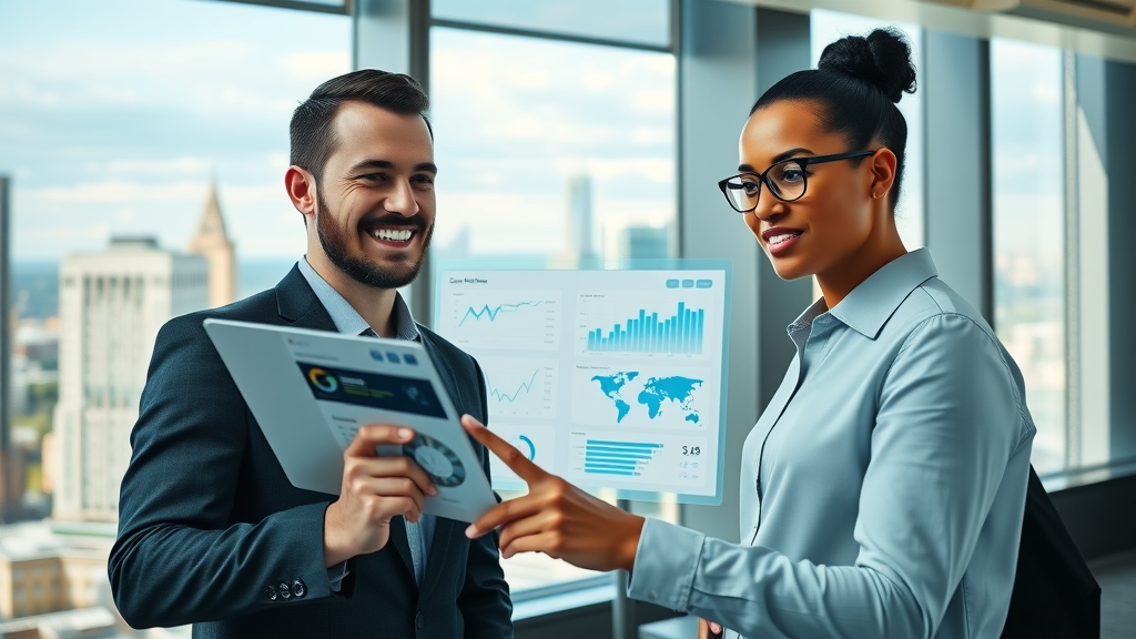 Two business professionals discuss data displayed on a digital tablet and a transparent screen, with charts and graphs visible, in a modern office with large windows overlooking a cityscape. Two business professionals discuss data displayed on a digital tablet and a transparent screen, with charts and graphs visible, in a modern office with large windows overlooking a cityscape.