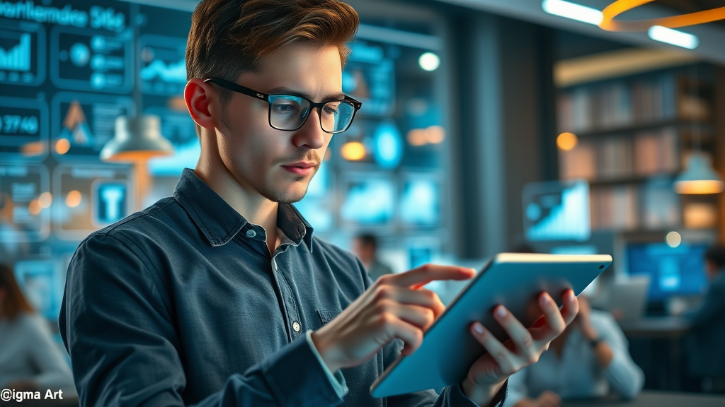 young professional researching social media marketing Columbia on a tablet with futuristic analytics and strategy guides