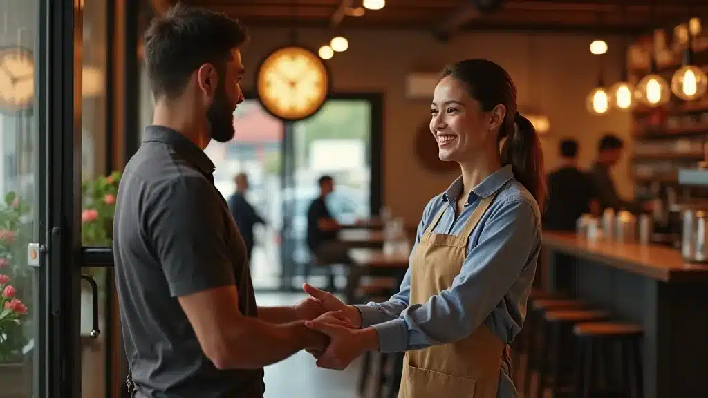 Empathetic restaurant server warmly greeting a regular customer, fostering a high customer retention rate