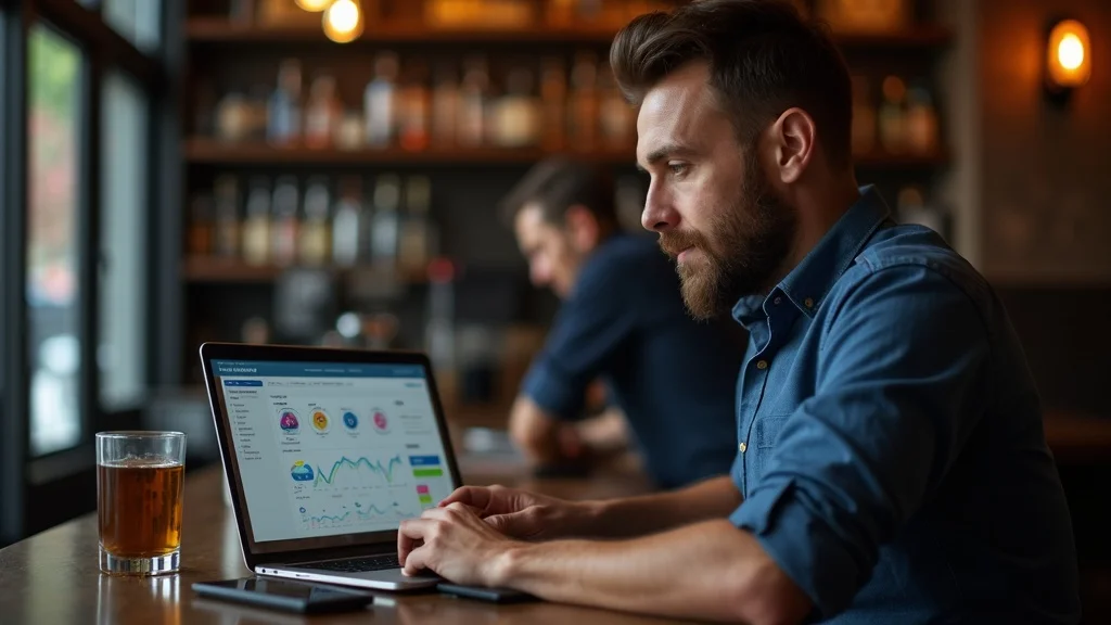 Restaurant manager analyzing analytics dashboard to measure restaurant marketing campaign success.