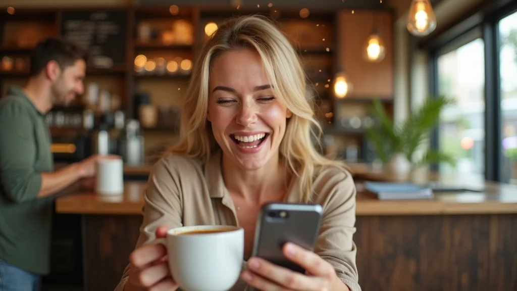 cafe customer receiving bonus loyalty points notification in cafe environment