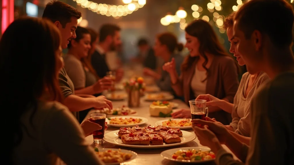 Energetic group enjoying themed in-restaurant event, interactive food station, and dynamic staff engagement.