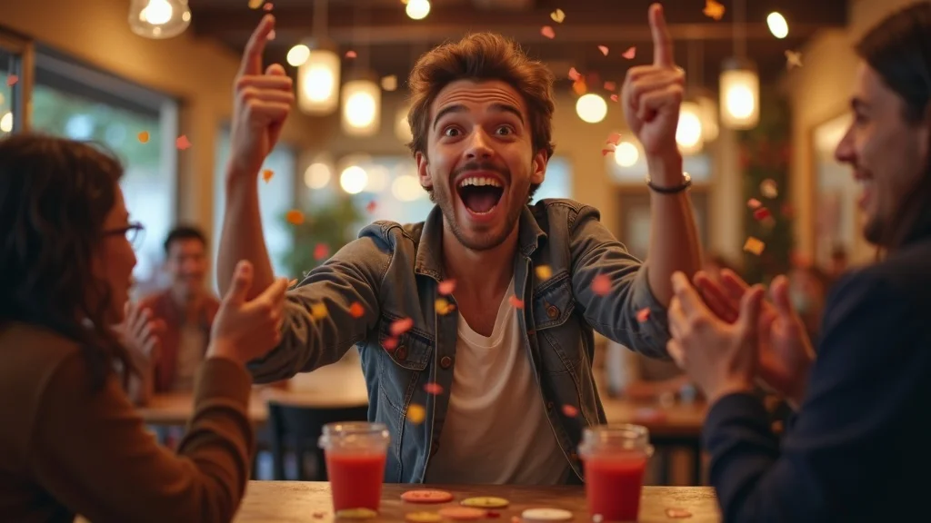 restaurant rewards program gamification - Excited customer celebrates digital reward prize in playful cafe