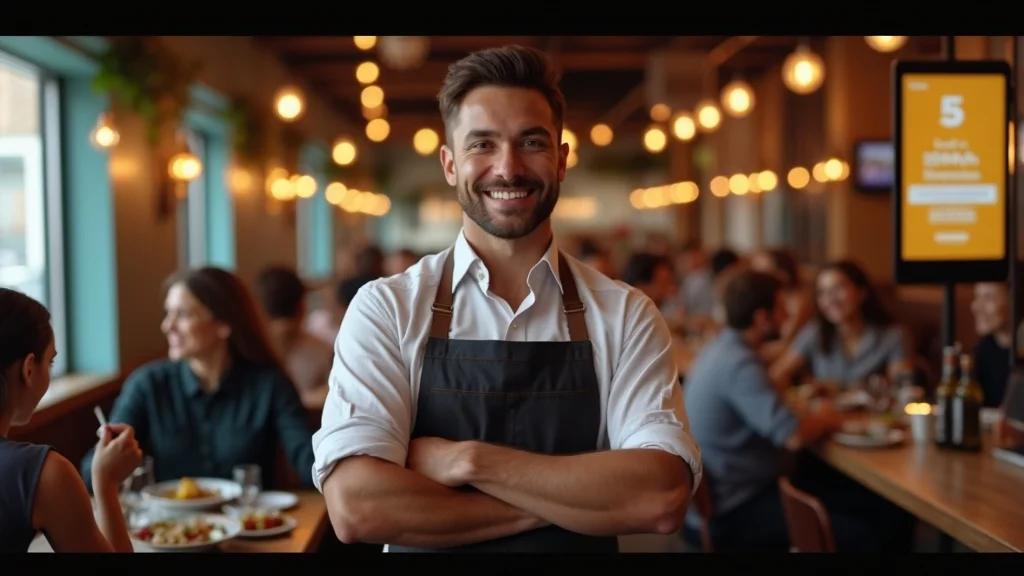 restaurant loyalty programs matter - Confident restaurant owner with digital loyalty program poster in trendy restaurant