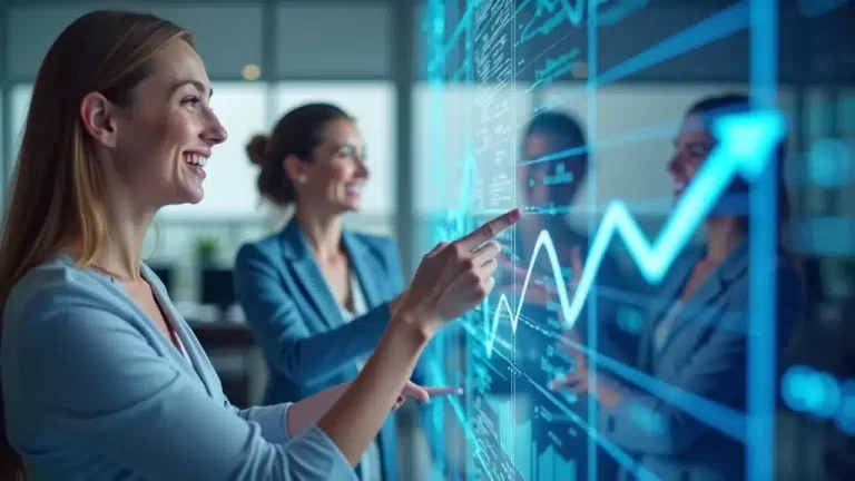 Two women in business attire smile and point at a large digital screen displaying graphs and data charts, with a prominent upward trending line, in a modern office setting. - Digital Red Zone Two women in business attire smile and point at a large digital screen displaying graphs and data charts, with a prominent upward trending line, in a modern office setting.