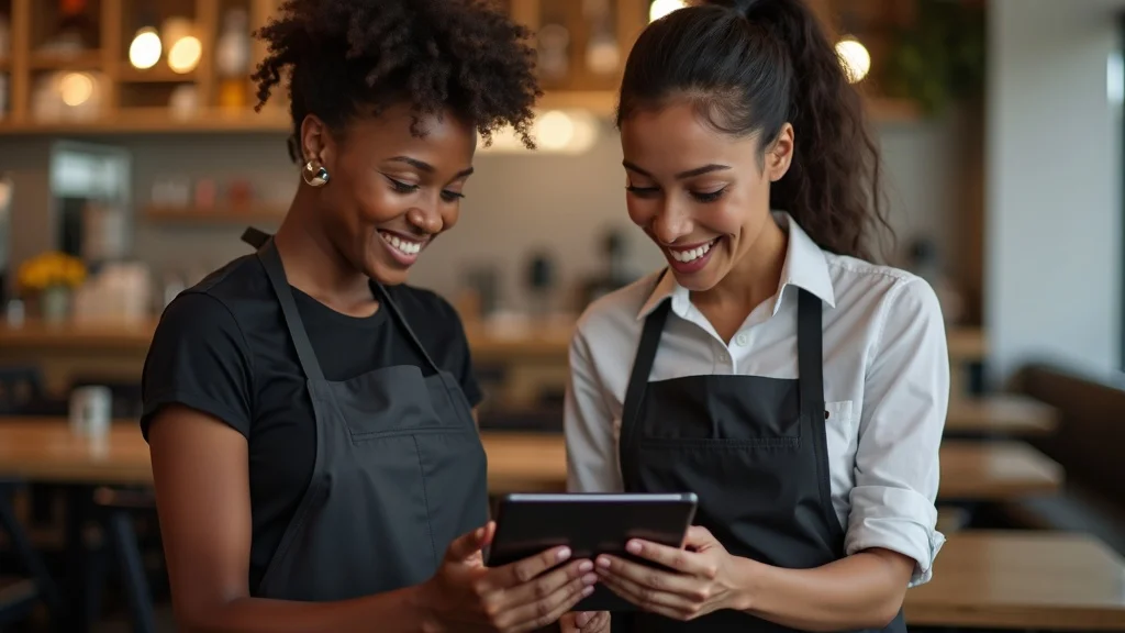 Diverse restaurant staff showing guests how to use a digital menu on a tablet, engaging customers with technology