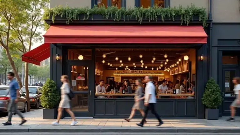 A busy restaurant with a red awning and large open windows shows many people dining inside. Several pedestrians walk past on the tree-lined sidewalk outside on a sunny day. - Digital Red Zone A busy restaurant with a red awning and large open windows shows many people dining inside. Several pedestrians walk past on the tree-lined sidewalk outside on a sunny day.