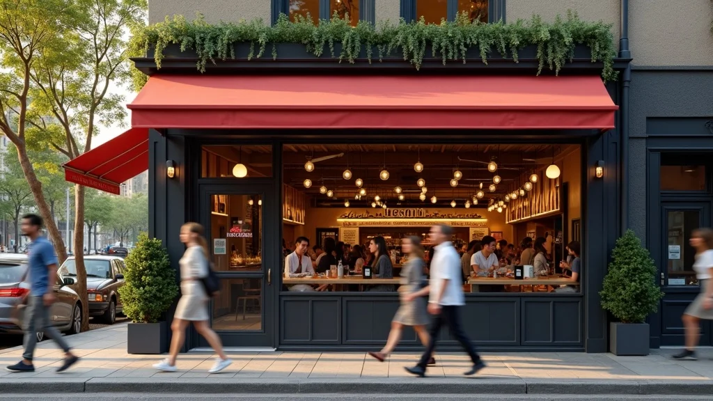 Modern restaurant exterior with vibrant city street, happy customers, clear branding, and lively foot traffic for effective restaurant marketing tactics.