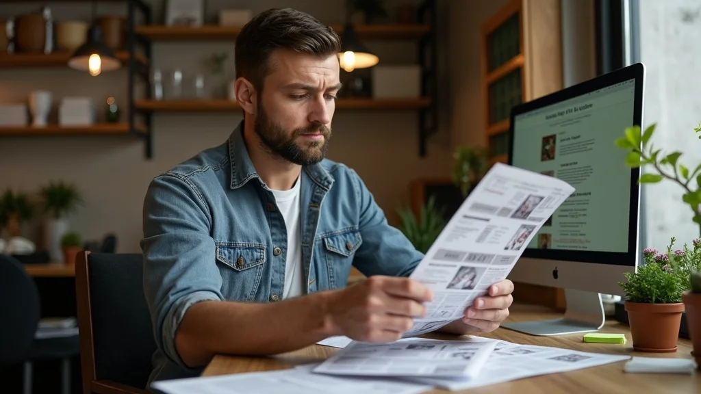 Restaurant owner reflecting on failed marketing ideas with stack of unused flyers and new digital marketing materials.