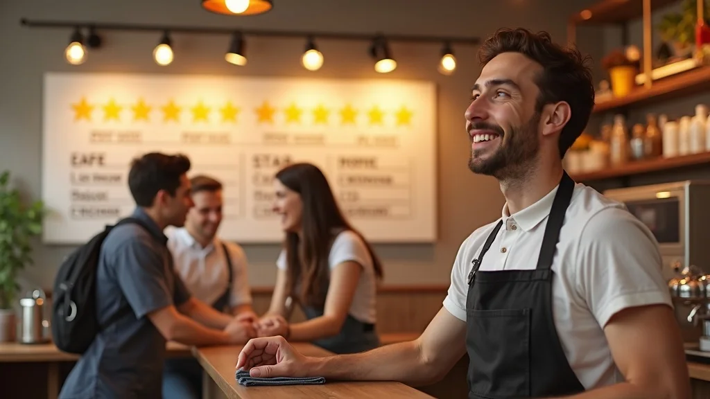 Café owner in thoughtful mood reflecting on google negative review extortion scams, mixing hope and concern amid star rating icons, customers in background enjoying the café, bright modern setting
