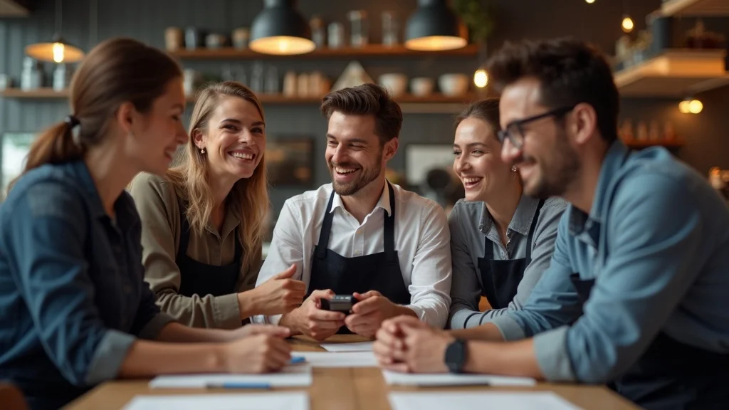 Professional restaurant team huddle discussing customer engagement strategy with digital devices and notepads
