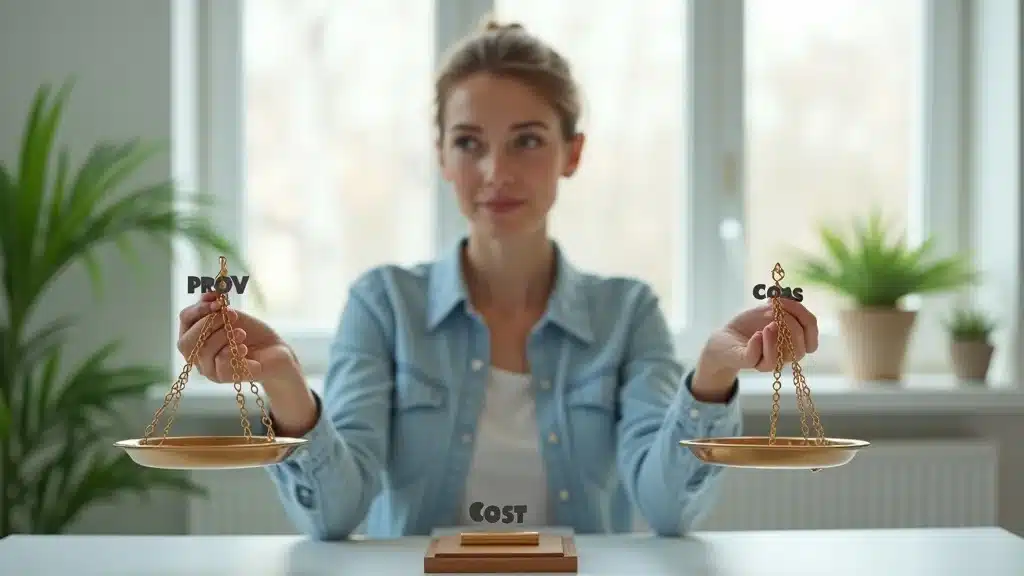 Balanced scales of rewards and costs—thoughtful businessperson weighs pros and cons of loyalty pro strategy