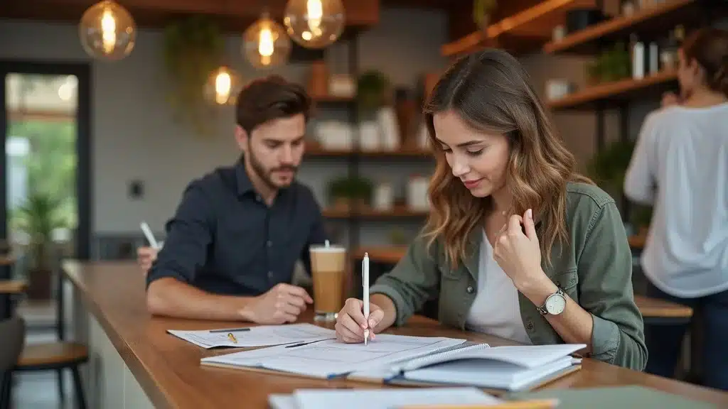 Small business owner using digital checklist—planning and launching a successful loyalty program in a cozy cafe